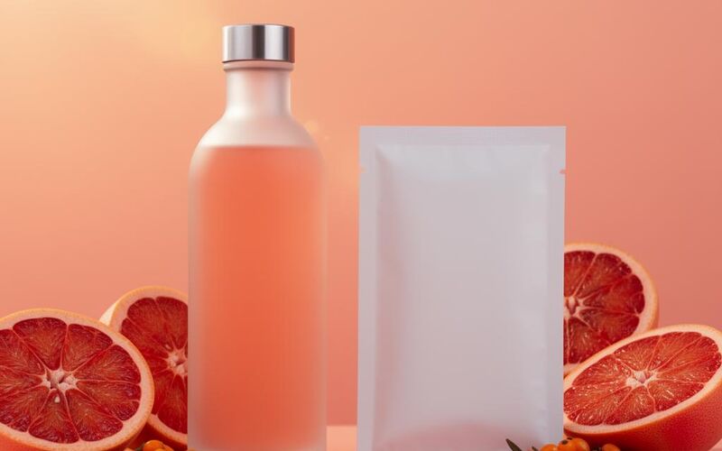 Citrus Glow ingestible elixir bottle and sachet with blood orange and grapefruit on a peach background