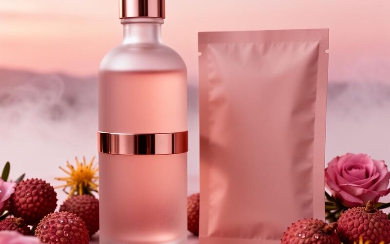 Rosewater Lychee elixir bottle with rose-gold band, lychees and rose petals on a soft pink background