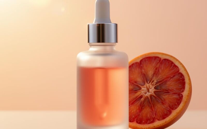 Radiant Tone serum dropper bottle with blood orange slice on a sun-drenched peach background